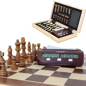 15.5" With Digital Timer Wooden Chess Game Set Wooden Chess Board Interior Storage Chess Pieces Clock Foldable Chessboard