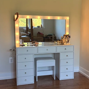 Table de maquillage de luxe avec panneau en bois blanc éclairé par <span class=keywords><strong>LED</strong></span>, <span class=keywords><strong>grand</strong></span> bureau de maquillage avec <span class=keywords><strong>miroir</strong></span> éclairé amovible pour la chambre à coucher - Product Image 3