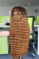 Perruque Lace Front avec mèches, en cheveux humains vierges brésiliens, transparente, ondulations profondes, longue, noir naturel, petite taille