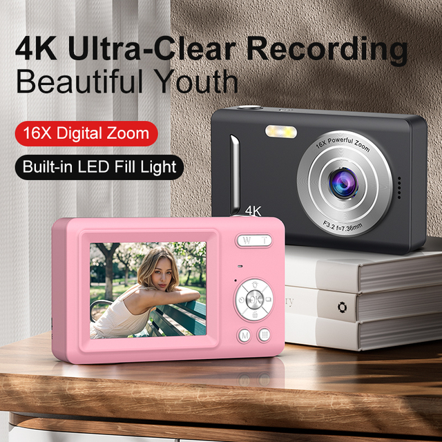 4K Mini Digital Camera 16X Optical Zoom 2.4" Screen Built-in Flash Long Battery Life Portable HD Vlog Camera for Travel