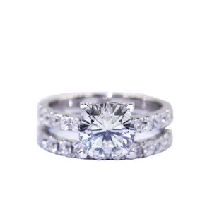 天宇宝石热销18K纯白色金垫垫钻石订婚戒指结婚首饰套装
