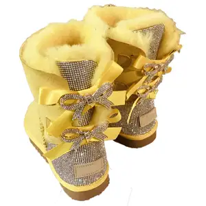 Wholesale Fashion Sheepskin Wool integrated Ladies Kids Women Winter Snow Ribbon Fur Boots With Bows 2024 Snow Boots
