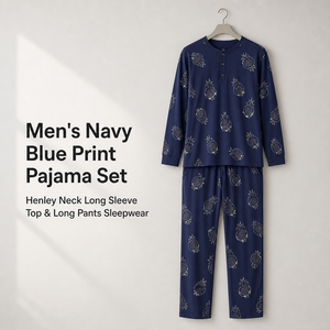Conjunto de pijama con estampado de granada azul marino para <span class=keywords><strong>hombre</strong></span>, camiseta de manga larga con cuello Henley y pantalones largos para dormir - Product Image 1
