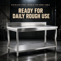 Table de travail commerciale en acier inoxydable avec dossier pour restaurant, boulangerie, laboratoire, cuisine industrielle