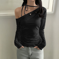 T-shirt moulant à pois doux pour femme, avec volants, nœud, dos nu, col licou, épaules dénudées, manches courtes, à nouer à la taille, amincissant