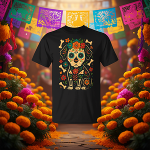 Camiseta mexicana con diseño de flor de calavera de azúcar del Día de los Muertos, color negro, talla mediana - Product Image 3