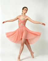 Costume de danse rose pêche avec paillettes dorées, robe de ballet moderne, bretelles spaghetti au dos, tenue de compétition de danse