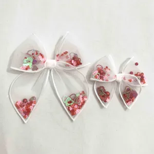 New Valentines mesh bow Clips Clay Beads Hair Clips Hight quality Sequin Confetti Shaker Valentines Bow Hair Clip