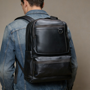 From My Home Genuine Leather <b>Backpack</b> Black 16-Inch Laptop Capacity Business Travel Casual Men's <b>Backpack</b> - Product Image 1
