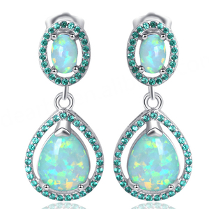 <b>Emerald</b> Gemstone Halo Pear Shape Green Fire Opal Drop <b>Earring</b> in 925 Sterling Silver - Product Image 1