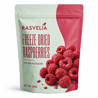 Sachet d'emballage imprimé sur mesure, pochette verticale refermable avec fermeture éclair pour framboises lyophilisées, snacks aux fruits, marque privée