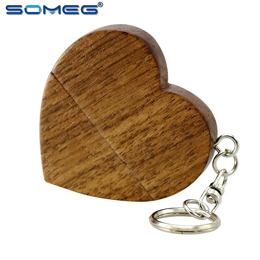 Flash Wooden Heart with Keychain USB 2.0 Memory Stick Pen Drive 4GB 8GB 16GB 32GB 64GB 128GB Company Logo Engravee
