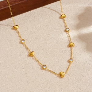 Heart Shaped Stainless Steel Clavicle Chain Gold Plated With Diamond Setting Simple Necklace For Daily Wear Gift - Product Image 2