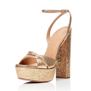 Sandali Estivi da Donna con Plateau, <span class=keywords><strong>Tacco</strong></span> Alto Dorato, Punta Rotonda e Cinturino alla Caviglia - Product Image 1