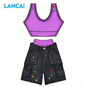 LANCAI Ensemble streetwear 2 pièces pour femme, débardeur court à strass et short cargo en jean taille haute, ensemble assorti Y2K - Product Image 1
