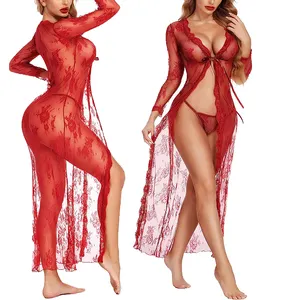 Women Sexy Long Lace Dress Sheer Gown See Through Lingerie Kimono Robe Swimsuit Cover Up