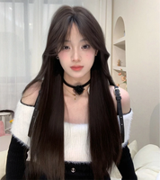 Perruque intégrale, cheveux longs pour femme avec frange, cheveux longs et raides couleur thé noir pour usage quotidien, aspect naturel