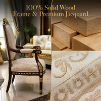 Ensemble de chaises de salle à manger de luxe de style royal français, fauteuils en bois avec finition dorée, tissu jacquard pour salle à manger de villa