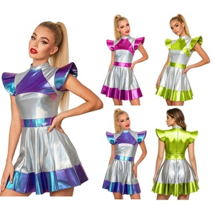 Vestido Metálico para Mujer, Estilo Futurista, Disfraz de Escenario Espacial, Falda Plisada, Cuello Alto, Hombros con Alas, Ropa para Fiesta Rave y Baile, Personalizado - Product Image 1