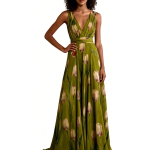 Abito lungo da <span class=keywords><strong>donna</strong></span> senza maniche con stampa tulipani, scollo a V, in chiffon, per serate ed eventi - Sehe Fashion - Product Image 2