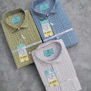 Chemises en twill de coton pour hommes avec un motif géométrique fin, en bleu olive et beige, manches longues, vêtements décontractés à la mode - Product Image 1