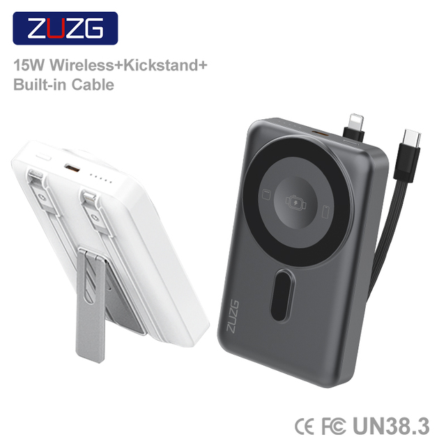 ZUZG 10000mAh Magnetic Wireless Power Bank With Kickstand Built-in Dual Cable 15W Fast Charging for iPhone 15/16 Apple Watch