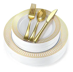 Disposable Plastic Fancy Flower Design Gold Stamped Charger Plates Dinnerware Sets For Party