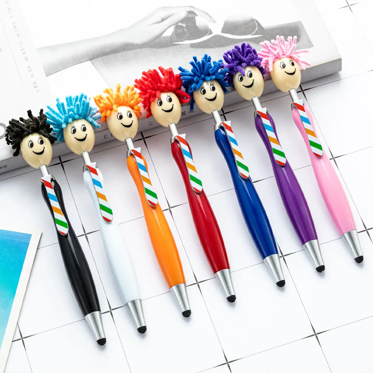 Plush doll head plastic pen cartoon hair printable logo ballpoint pen smiling face expression three in one touch screen pen