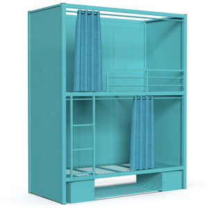 Новейший дизайн, двухъярусная кровать Лофт-отеля с деревянной панелью и ящиками, гостиничная занавеска, железная двухъярусная кровать, цены - Product Image 5