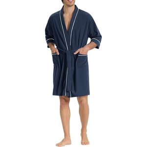 Bata de hombre de punto gofrado de manga corta, ligera, con bolsillos, estilo kimono de algodón, para spa y descanso. - Product Image 4
