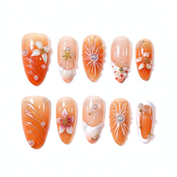 10 stuks XS/S/M handgemaakte oranje gradient opzetnagels zomer 3D bloemen & parel bloem valse nageltips
