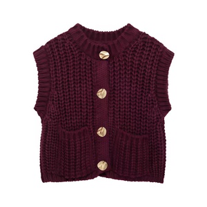 2024 automne Vintage femmes sans manches gros pull simple boutonnage tricot <span class=keywords><strong>gilet</strong></span> avec cou grossier tricot haut pour l'automne superposition - Product Image 3