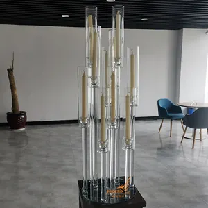 10 arms Crystal tube candle holder tall cheap wedding candelabra glass table top decoration centerpieces with cylinder for sale