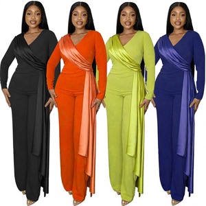 <span class=keywords><strong>Mono</strong></span> elegante de primavera para mujer, ajustado, con empalmes, cuello en V, manga larga, cintura alta, pierna ancha, ideal para fiestas y bodas. - Product Image 1