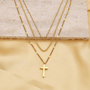 Three Layer <b>Cross</b> Pendant Necklace Gold Zinc Alloy Stackable <b>Chain</b> Clavicle Jewelry For Men And Women - Product Image 1