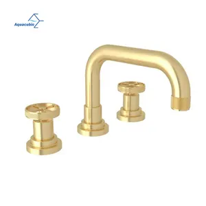 Aquacubic Gold Traditional Bathroom Sink Faucet 3 Holes Widespread Faucet