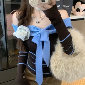 Customizable Elegant <b>Off</b>-Shoulder Women's Sweaters Anti-Wrinkle Color Block <b>Striped</b> Tops Bow Breathable for Winter Front - Product Image 3