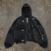 Veste bomber en jean vintage délavé à l'acide avec boucle de pompier et crochets de fixation, matelassée et rembourrée, pour homme, hiver, à capuche