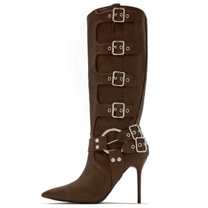 Custom Metal Buckles up High Slim Heels Women Knee High Boots Western Styles Pointed Toe Mid Calf Booties on Brown <b>Shoes</b> - Product Image 6