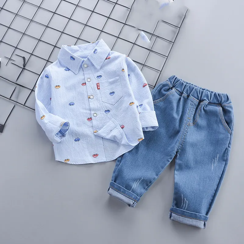 Детская одежда Spot, осенняя джинсовая Повседневная рубашка с длинным рукавом, костюм из двух предметов для мальчиков