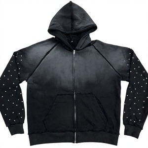 Black Acid Wash Zip Up Hoodie <b>Rhinestone</b> Sleeve Oversized Streetwear Tracksuit <b>Jacket</b> Custom Men Private Label - Product Image 1