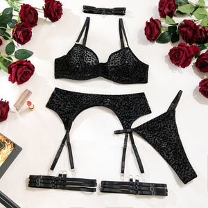 Ensemble de lingerie sexy 5 pièces pour femme, noir, imprimé léopard floqué, avec soutien-gorge minimisateur à armatures, <span class=keywords><strong>porte</strong></span>-jarretelles, string, ras-de-cou et attaches de jambe, vente en gros, personnalisable - Product Image 5