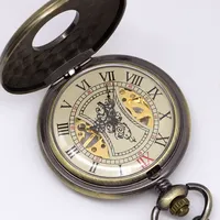 Montre de poche mécanique en bronze avec chaîne FOB en bois massif, cadran romain, squelette évidé style steampunk, pour hommes et femmes PJX1396