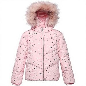 Girls Pink Star Print Puffer Jacket Faux Fur Hood <b>Kids</b> <b>Winter</b> Quilted Padded <b>Coat</b> Custom OEM Wholesale - Product Image 1