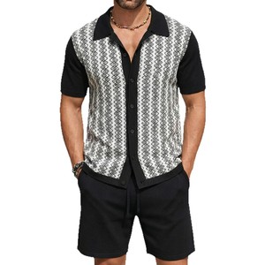 Ensemble de cardigan en tricot jacquard décontracté pour <span class=keywords><strong>homme</strong></span>, printemps-<span class=keywords><strong>été</strong></span>, 2 pièces, style streetwear, haut à manches courtes et short, ensemble deux pièces, costumes pour <span class=keywords><strong>homme</strong></span> - Product Image 4