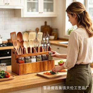 Wooden vintage cutlery <b>storage</b> <b>box</b>, restaurant knife and fork holder, <b>kitchen</b> condiment and miscellaneous item organizer. - Product Image 2