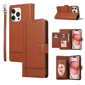 lanyard long rope flip wallet leather kickstand phone case for iphone 15 pro max makeup mirror phone cover for iphone 14 13 1211