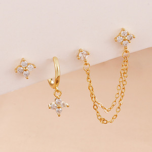 <span class=keywords><strong>Damila</strong></span> Zierliche 925 Sterling Silber 18k Vergoldete Kleeblatt Vierblättrige Zirkon Ohrstecker Creolen Hängeohrringe Sets für Damen - Product Image 4