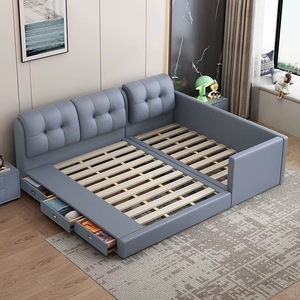 Lit Parent-Enfant Amovible avec Barrière de Sécurité en Cuir <span class=keywords><strong>et</strong></span> Tissu, Lit pour Bébé <span class=keywords><strong>et</strong></span> Enfant, Surdimensionné, Plus Large, Patchwork, Rangement, Lits pour Enfants - Product Image 1