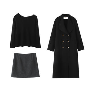 Conjunto de abrigo y falda de lana para mujer Runqi con botones dorados, color sólido, manga tres cuartos, talla grande N9428 - Product Image 1